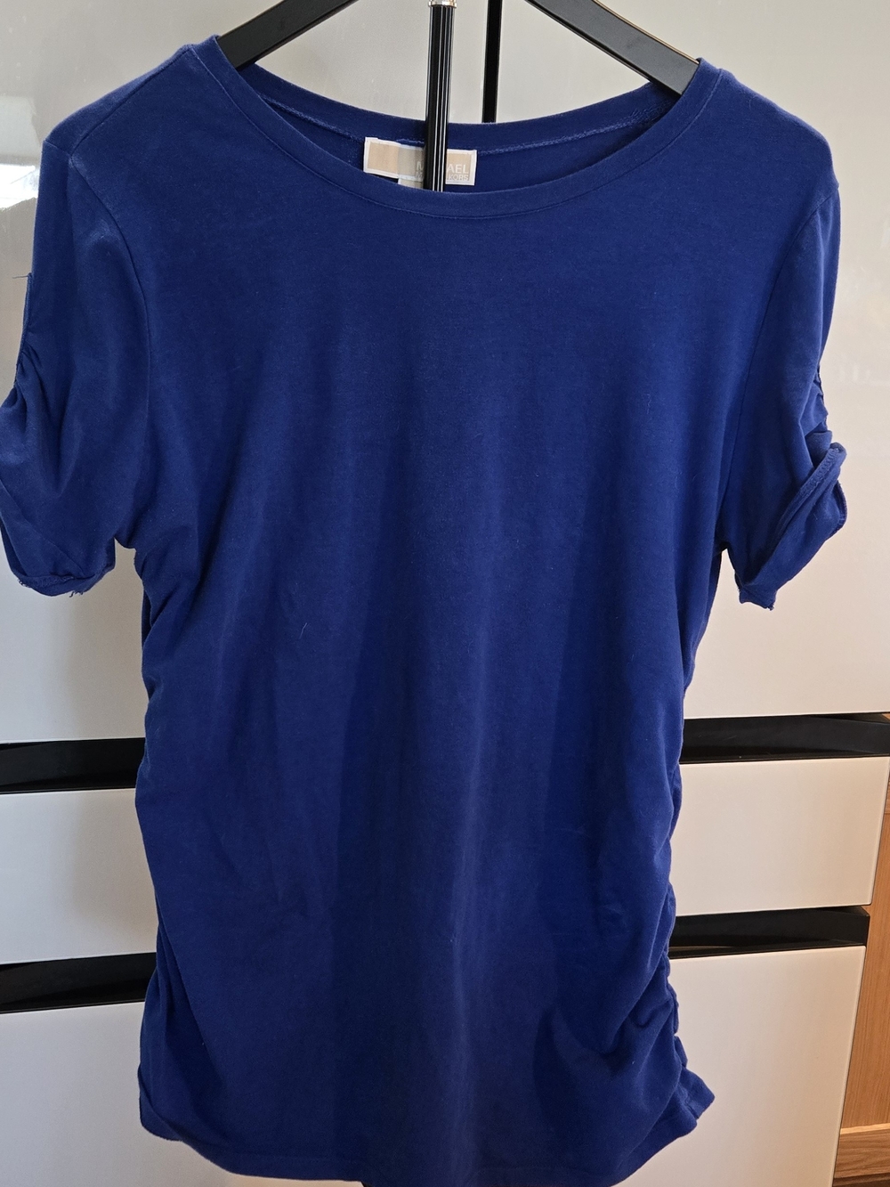 Michael Kors Ruched Side Gold Zipper Shoulder Top Blue